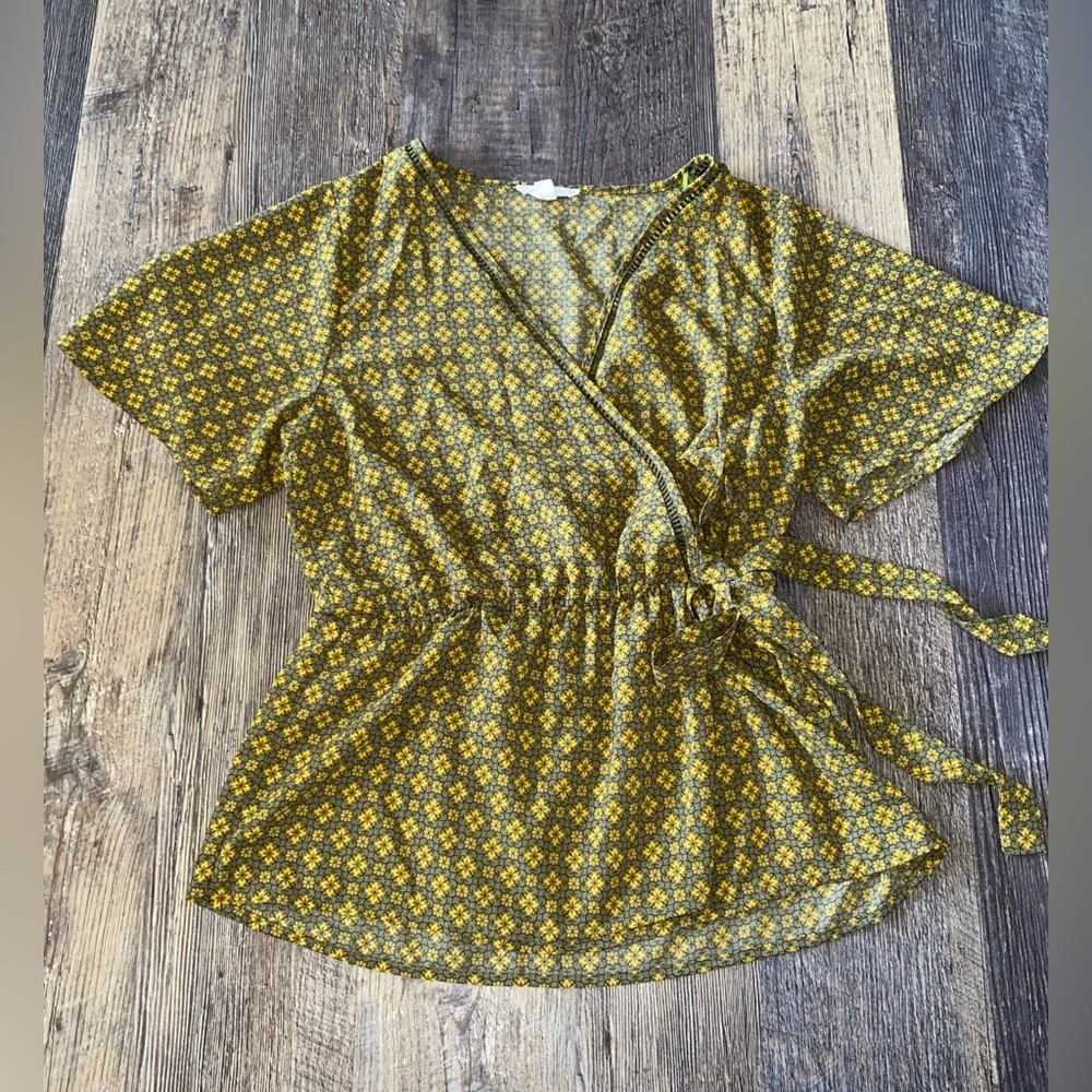 Women's Floral Wrap Blouse in Olive Mustard